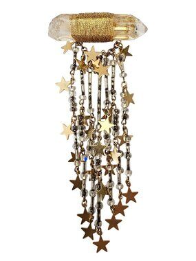Quartz Crystal Brooch Glass Bead Gold Star Dangle Pin J669